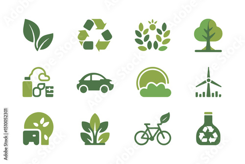 Several green elements symbolize sustainable practices and environmental consciousness isolated on a white backdrop