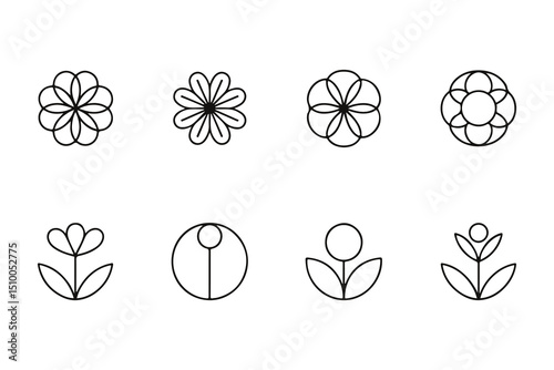 Simple floral pattern outlines are arranged neatly with varied flower shapes on a transparent background