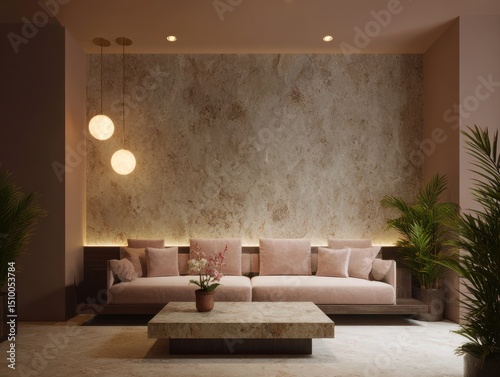 A cozy living room with a blush pink sectional sofa and a stone coffee table.