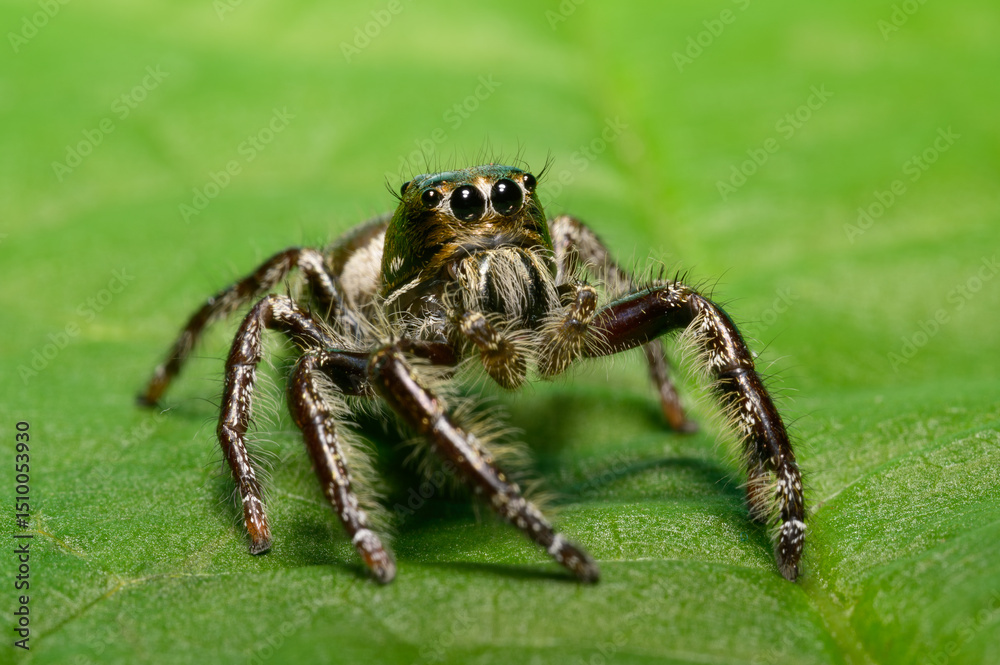 Fototapeta premium A vibrant jumping spider displays its striking four large black eyes and iridescent green chelicerae while positioned on a bright green leaf.