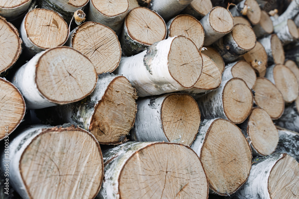 Fototapeta premium Stack of chopped birch logs prepared for firewood, showing natural textures and wooden surfaces in close-up.