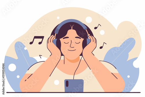 Ilustracja osoby słuchającej muzyki przez słuchawki – relaks, rozrywka i radość z dźwięku w nowoczesnym stylu
