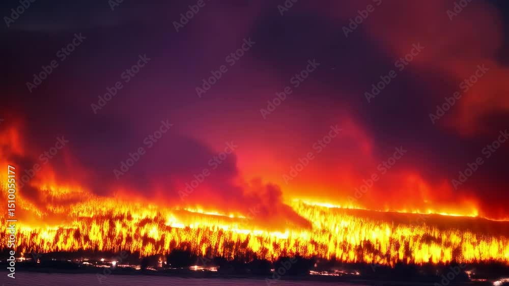 Intense wildfire burning across a landscape at night with billowing smoke and reflections on a pond under a dark sky Intense wildfire burning across a landscape at night with billowing smoke and reflections on a pond under a dark sky