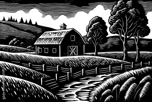 Rustic farm landscape hand drawn black and white sketch outline