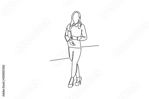 Continuous line drawing of businesswoman leaning against a surface and holding a tablet