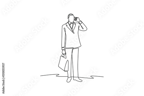 Businessman holding briefcase and talking on phone continuous line drawing