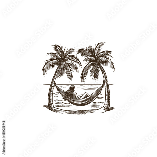 woman relaxing sitting in hammock on the beach design vector template illustration