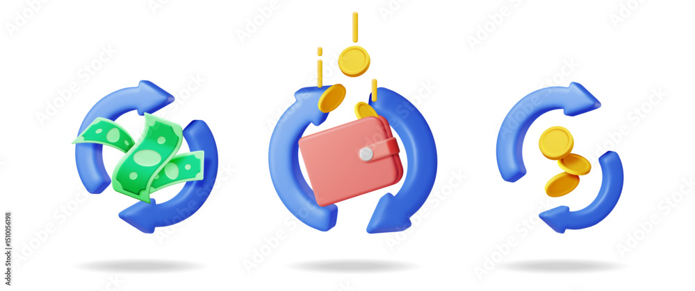 Collection of 3D vector illustrations depicting money exchange icon set. Financial transaction, cashback and money transfer concept.