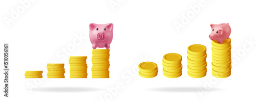 Two illustrations of piggy banks on increasing stacks of gold coins. Saving money, financial growth, and deposit concept.