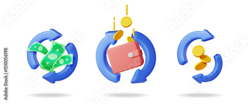 Collection of 3D vector illustrations depicting money exchange icon set. Financial transaction, cashback and money transfer concept.