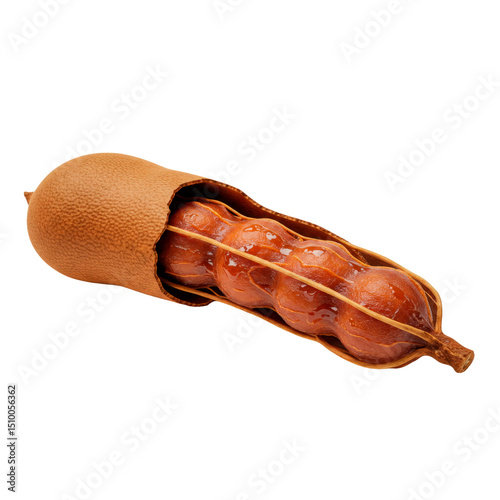Cut out tamarind fruit with brown peel and pulp on transparent background. Healthy tropical food and exotic fruit.