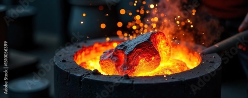 Close-up shot of glowing hot coal being poured into a steel crucible, sparks flying, industrial heat, metalworking , smelting, steelmaking