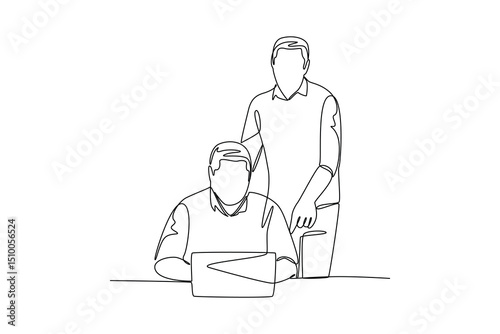Businessman working on laptop with supervisor guiding continuous line drawing