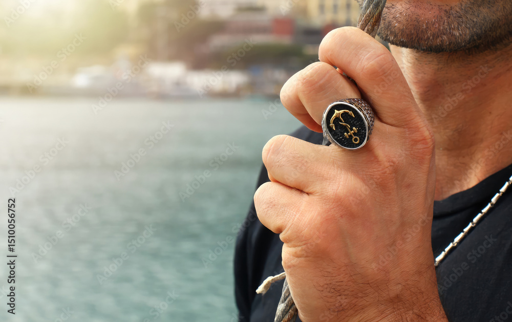 Fototapeta premium Sailor showing golden anchor ring while holding rope in port