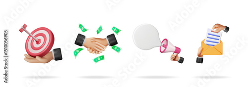 Financial 3d vector illustration set collection with target, handshake, announcement, and email for business strategy and marketing concept.
