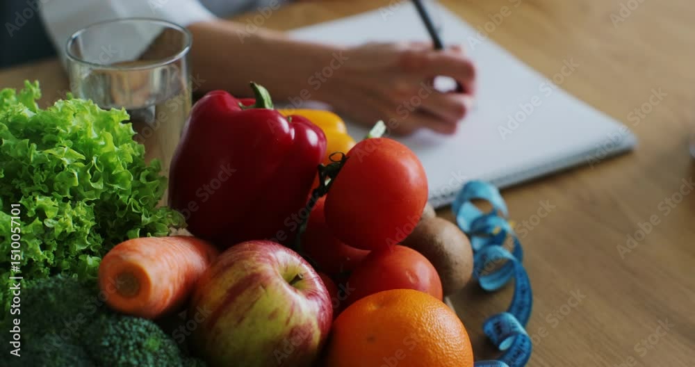 Close up of nutritionist woman writing diet plan on table full of fruits and vegetables. Healthy nutrition, eco food.