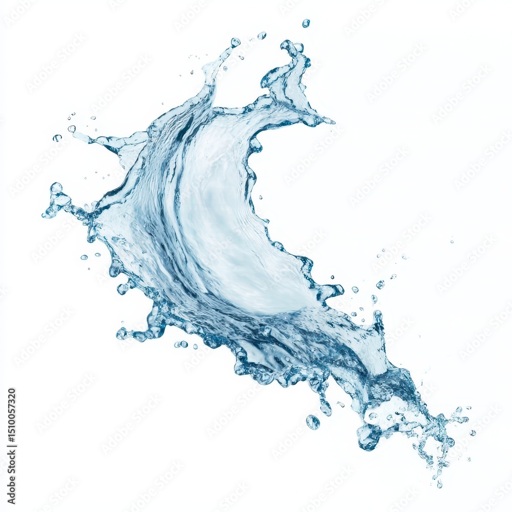 Obraz premium fresh water splash on white background, isolated blue water splash in mid-air, curved water splash with droplets on white background, mineral water splash, water splash isolated, easy to cutout