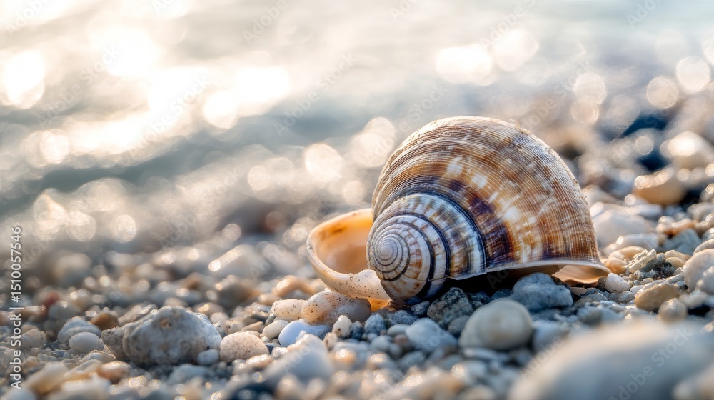 Close-up of seashell on beach with soft bokeh light and sandy water background in nature Close-up of seashell on beach with soft bokeh light and sandy water background in nature