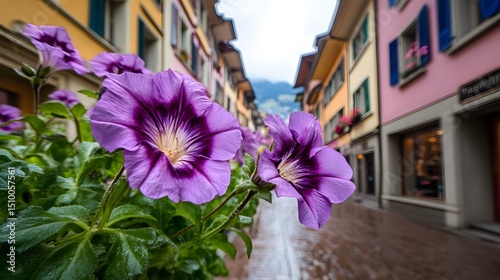 Vibrant Purple Petunias Blooming in European Town Street