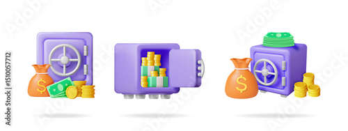 3d vector illustration set collection of a safe box, money bag, banknote, and coin. Bank finance investment loan deposit protection.