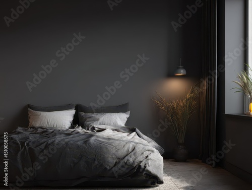 Dark gray bedroom interior with linen bedding and a pendant lamp.