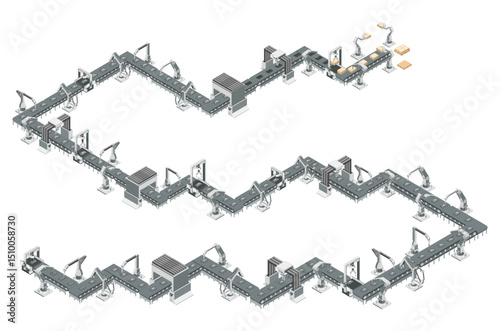 Conveyor belt and robot arms in modern automated production. Assembly process. Vector illustration
