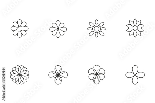 Several minimalistic floral icons present varied petal shapes in crisp, simple black outlines on white