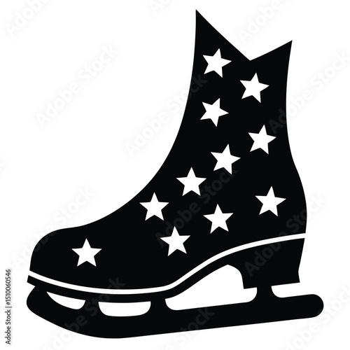 Black and white vector graphic of a figure skate adorned with stars on a white background