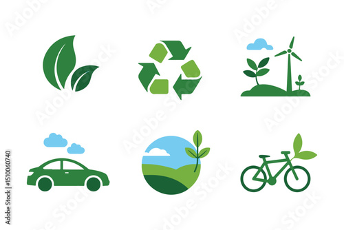 Six eco friendly green icons illustrate renewable energy and environmental sustainability on white