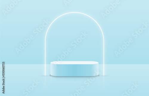 Abstract realistic blue 3d round podium for product display stand in light room and glowing neon arch shape. Minimal scene for product display mockup. Vector geometric platform. 3d vector rendering