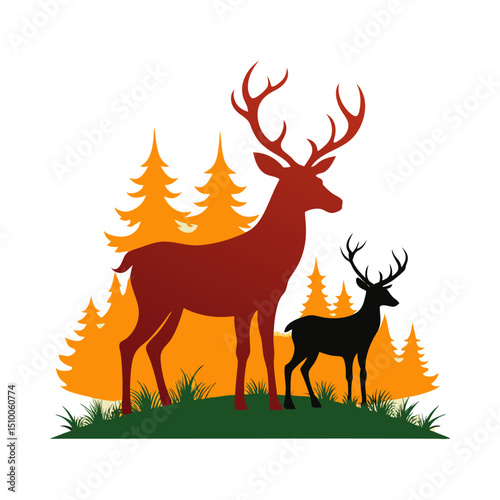 Deer silhouette illustration of a wild stag with antlers in a forest vector art