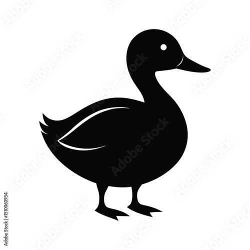A vector illustration of a wild waterfowl, featuring a black silhouette of a duck with a prominent beak on white, isolated nature water