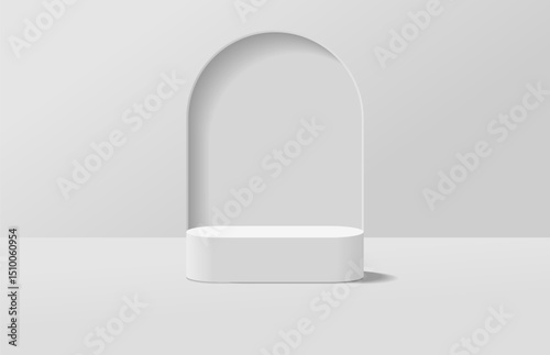 Abstract realistic white 3d round podium for product display stand in light room and arch gate shape background. Minimal scene for product display mockup. Vector geometric platform. Vector rendering.