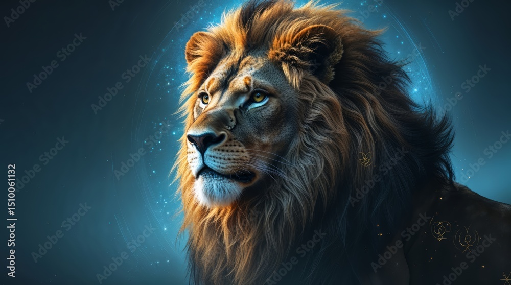Majestic Lion Portrait Piercing Blue Eyes Against a Moody Forest Backdrop, Wildlife Photography Majestic Lion Portrait Piercing Blue Eyes Against a Moody Forest Backdrop, Wildlife Photography