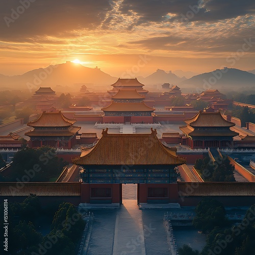 Traditional Chinese palace complex at dawn high resolution picture