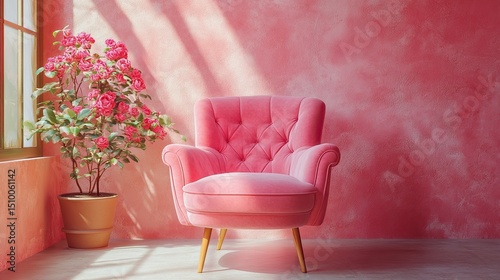 Sweet escape into a rosy dream A plush pink velvet armchair invites you into a tranquil monochrome