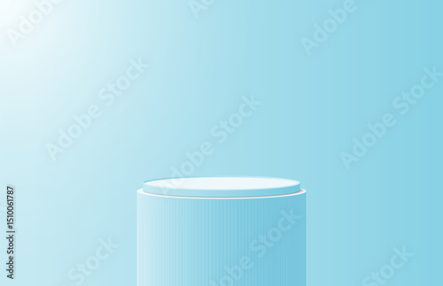 Luxury modern blue 3d cylinder podium for product display stand in light room shining from top left corner. Minimal wall scene for mockup. Vector geometric platform. 3d pedestal vector rendering.