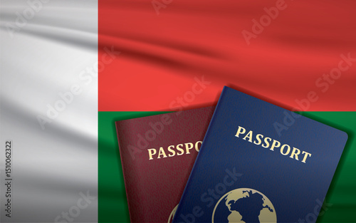 Madagascar Passport with flag of Madagascar Background	