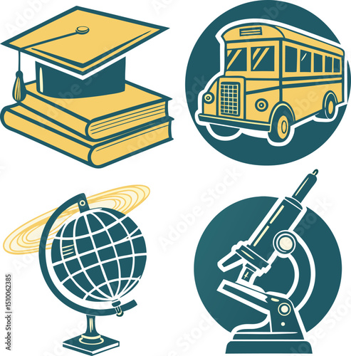 Cartoon school bus vector icon with yellow vehicle for back to school transportation, isolated illustration for education and travel