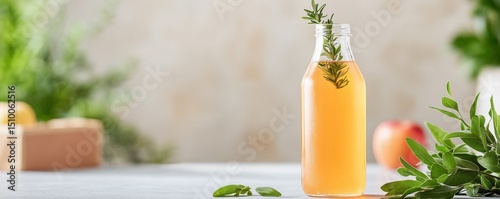 Cider with apples and spices. A glass bottle of herbal drink surrounded by fresh greenery and fruits.