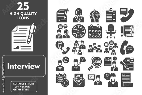 Interview Glyph Icon Set. Incleded Icons Contract, Manager, Headhunting, Clipboard, Phone Call, Conversation, Time, Calendar, Office Chair. Vector Icons Collection