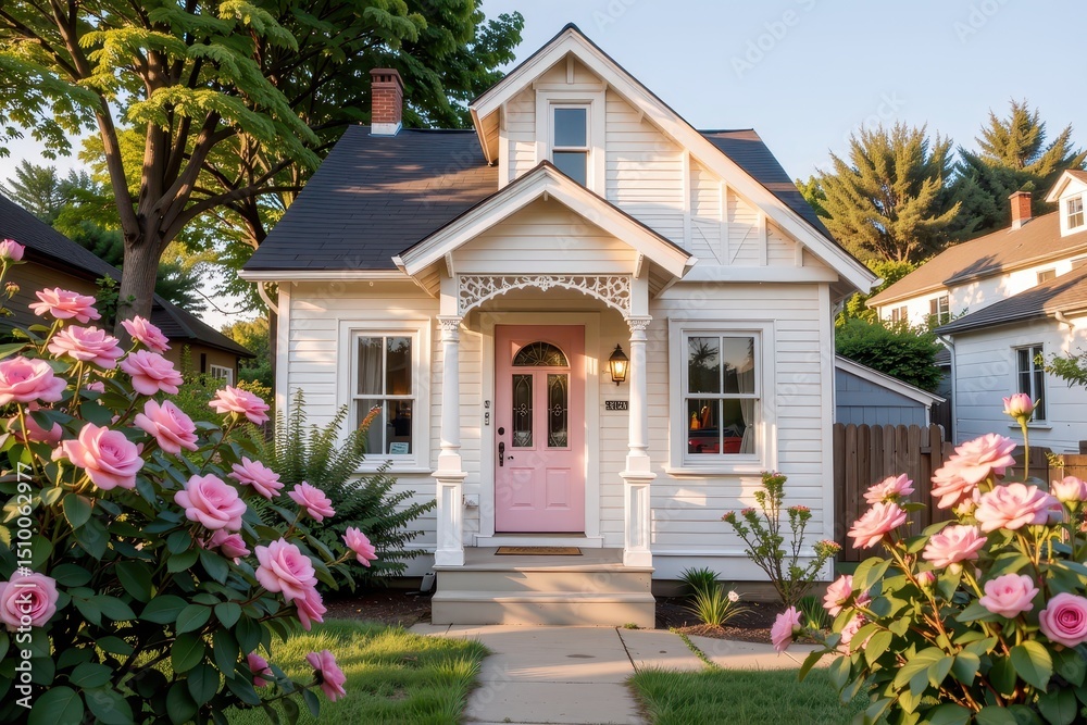 Fototapeta premium Accessory dwelling unit. Charming house with pink door surrounded by blooming roses.