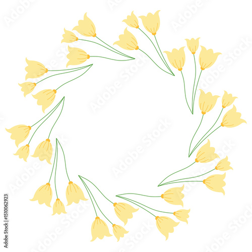Circular yellow border with decorative foliage and tulips. Elegant botanical vector artwork ideal for invitations, banners, and greeting cards