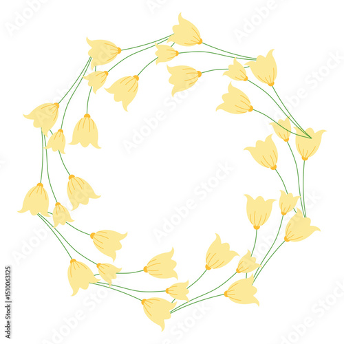 Yellow round frame featuring detailed foliage and tulips. Abstract botanical illustration perfect for banners and greeting cards in vector