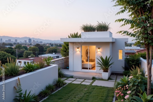 Accessory dwelling unit. Modern small home with a garden and urban skyline in the background.