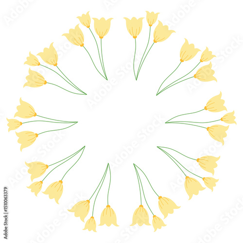 Circular yellow border decorated with floral foliage including  tulips. Vector botanical artwork suitable for invitations and banners