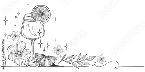Sketch of Alcoholic cocktail with lemon. Glass of drink. Isolated black and white vintage engraving. Hand drawing. Vector illustration cocktail drink beverage for holiday celebrating.