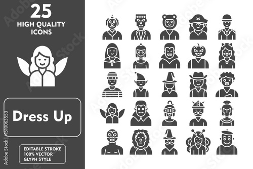 Dress Up Glyph Icon Set. Incleded Icons Clown, Frankenstein, Frog, Pirate, Soldier, Nun, Spartan, Vampire, Pumpkin, Catwoman, Prisioner. Vector Icons Collection