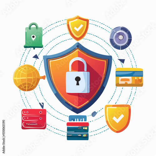 Cybersecurity Awareness Protecting Data with Icons of Shields, Locks, Firewalls, and More