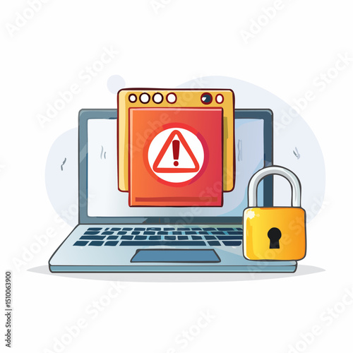 Cartoon Illustration Ransomware Attack - Locked Laptop and Warning Sign
